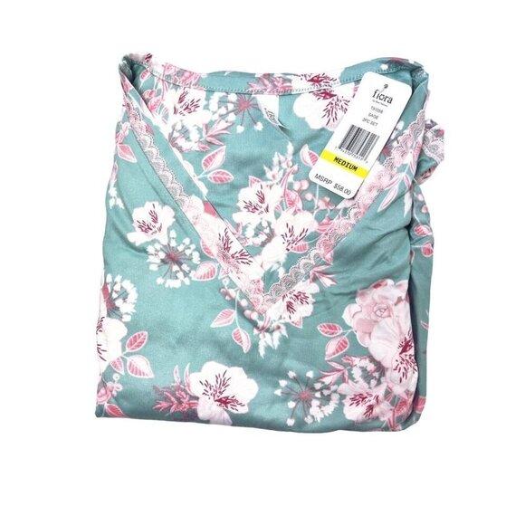 Flora Nikrooz Womens Green Floral Soft V Neck Top Pants Pajamas Set Sz M New - Picture 2 of 7